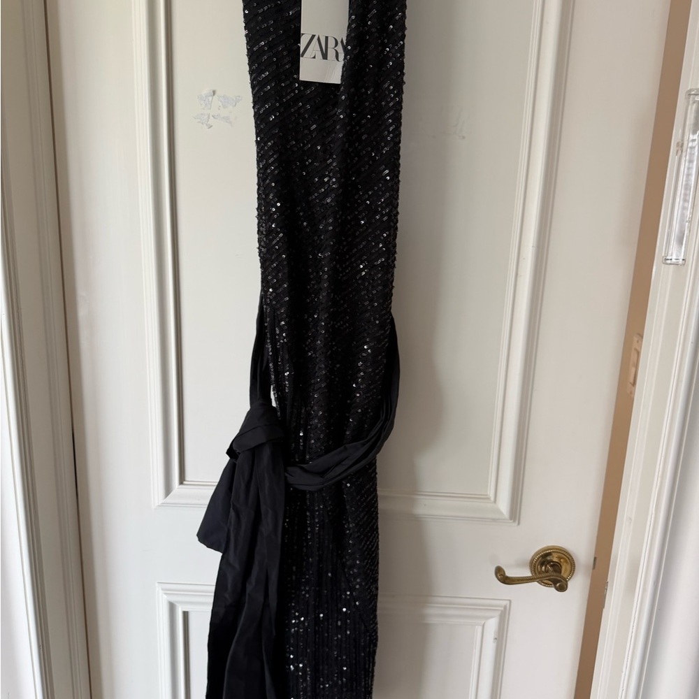 Zara Black Sequin Strapless Evening Dress with Waist Sash